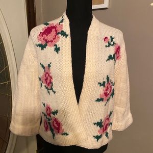 Vintage Handmade Knit Sweater Roses Cardigan